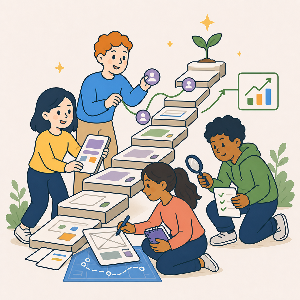 Tracy, Owen, Sofia, and Andre building, designing, testing, and growing a product together